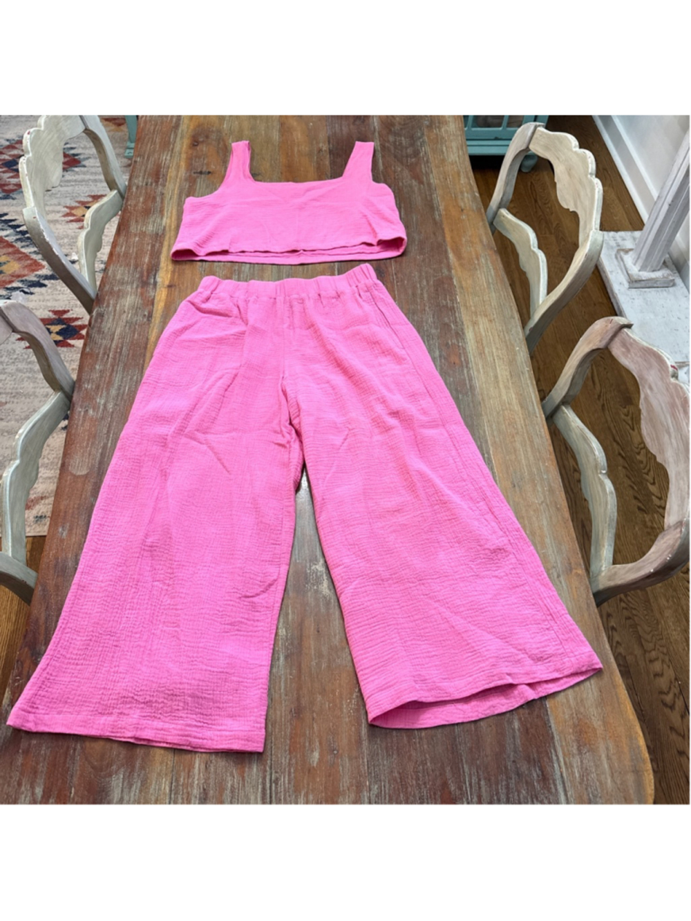 Buddy Love Pink Gauzy Crop Top Wide Leg Pants Set Large
